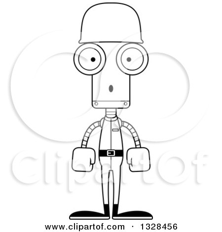 Lineart Clipart of a Cartoon Black and White Skinny Surprised Soldier Robot - Royalty Free Outline Vector Illustration by Cory Thoman