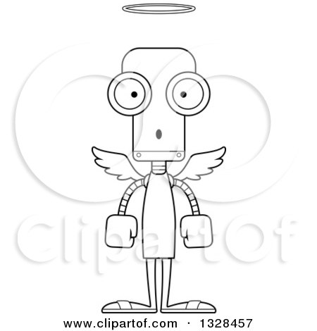 Lineart Clipart of a Cartoon Black and White Skinny Surprised Angel Robot - Royalty Free Outline Vector Illustration by Cory Thoman