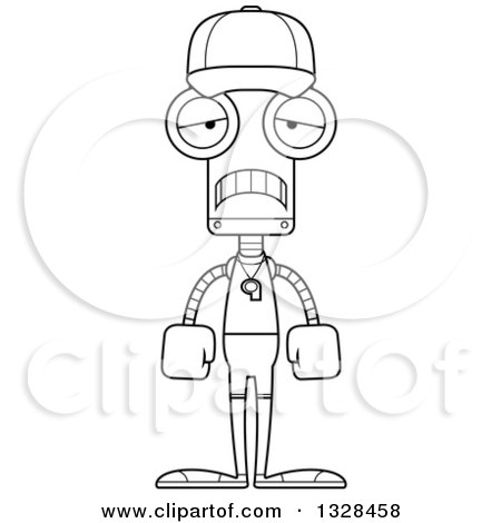 Lineart Clipart of a Cartoon Black and White Skinny Sad Robot Sports Coach - Royalty Free Outline Vector Illustration by Cory Thoman