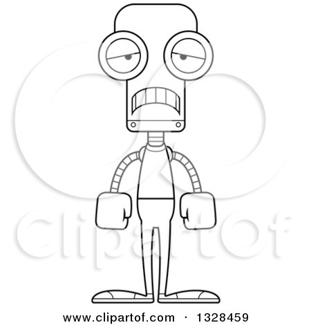 Lineart Clipart of a Cartoon Black and White Skinny Sad Casual Robot - Royalty Free Outline Vector Illustration by Cory Thoman