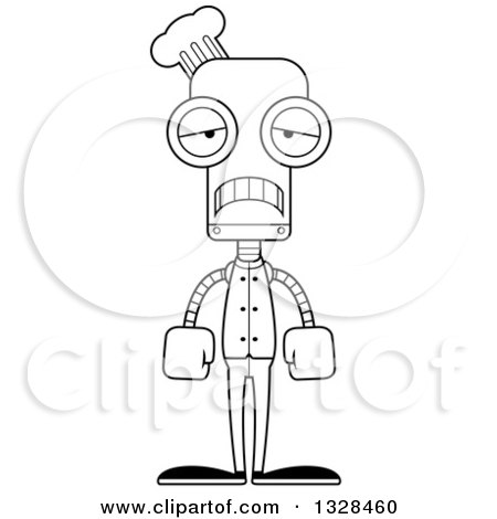 Lineart Clipart of a Cartoon Black and White Skinny Sad Chef Robot - Royalty Free Outline Vector Illustration by Cory Thoman