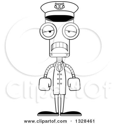 Lineart Clipart of a Cartoon Black and White Skinny Sad Robot Captain - Royalty Free Outline Vector Illustration by Cory Thoman