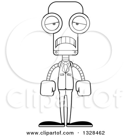 Lineart Clipart of a Cartoon Black and White Skinny Sad Business Robot - Royalty Free Outline Vector Illustration by Cory Thoman