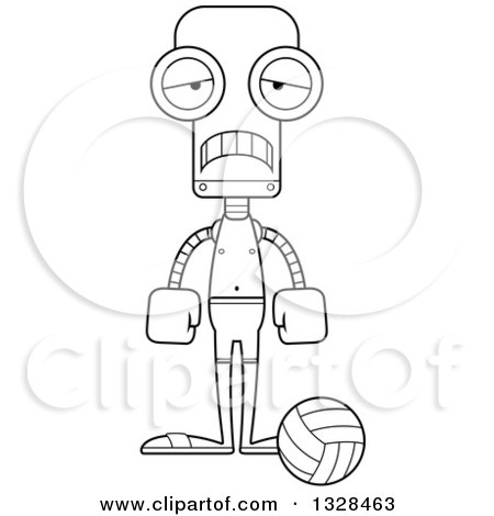 Lineart Clipart of a Cartoon Black and White Skinny Sad Robot Beach Volleyball Player - Royalty Free Outline Vector Illustration by Cory Thoman
