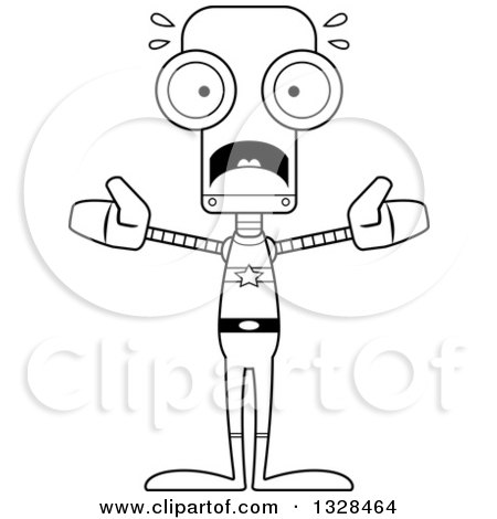 Lineart Clipart of a Cartoon Black and White Skinny Scared Super Hero Robot - Royalty Free Outline Vector Illustration by Cory Thoman