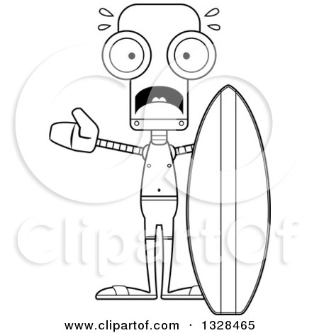 Lineart Clipart of a Cartoon Black and White Skinny Scared Robot Surfer - Royalty Free Outline Vector Illustration by Cory Thoman