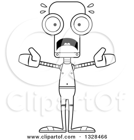 Lineart Clipart of a Cartoon Black and White Skinny Scared Robot Swimmer - Royalty Free Outline Vector Illustration by Cory Thoman