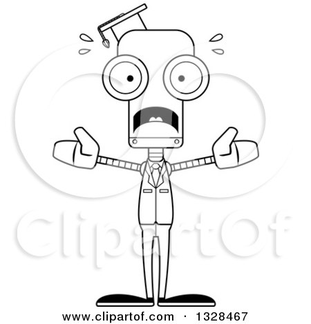Lineart Clipart of a Cartoon Black and White Skinny Scared Robot Professor - Royalty Free Outline Vector Illustration by Cory Thoman