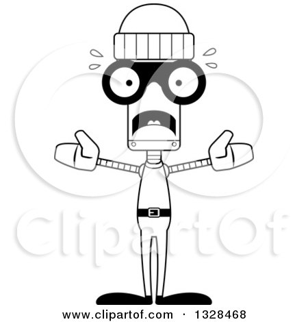 Lineart Clipart of a Cartoon Black and White Skinny Scared Robot Robber - Royalty Free Outline Vector Illustration by Cory Thoman