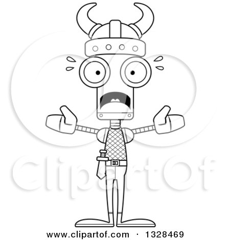 Lineart Clipart of a Cartoon Black and White Skinny Scared Viking Robot - Royalty Free Outline Vector Illustration by Cory Thoman