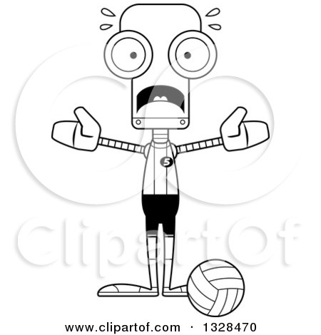 Lineart Clipart of a Cartoon Black and White Skinny Scared Robot Volleyball Player - Royalty Free Outline Vector Illustration by Cory Thoman