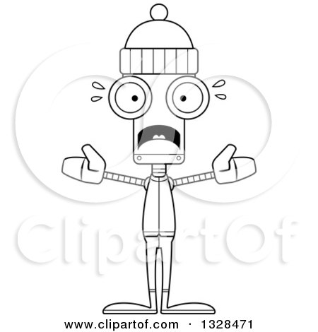 Lineart Clipart of a Cartoon Black and White Skinny Scared Winter Robot - Royalty Free Outline Vector Illustration by Cory Thoman