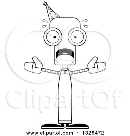 Lineart Clipart of a Cartoon Black and White Skinny Scared Robot Wizard - Royalty Free Outline Vector Illustration by Cory Thoman