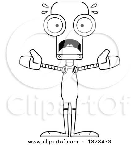 Lineart Clipart of a Cartoon Black and White Skinny Scared Robot Wrestler - Royalty Free Outline Vector Illustration by Cory Thoman