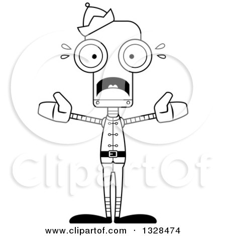Lineart Clipart of a Cartoon Black and White Skinny Scared Robot Christmas Elf - Royalty Free Outline Vector Illustration by Cory Thoman