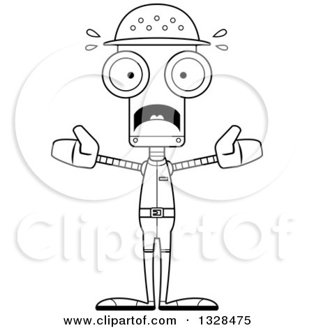 Lineart Clipart of a Cartoon Black and White Skinny Scared Zookeeper Robot - Royalty Free Outline Vector Illustration by Cory Thoman