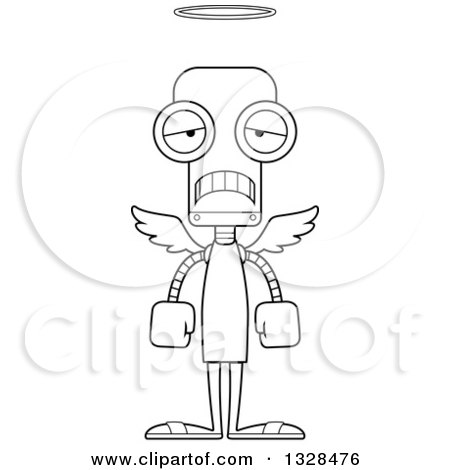 Lineart Clipart of a Cartoon Black and White Skinny Sad Angel Robot - Royalty Free Outline Vector Illustration by Cory Thoman