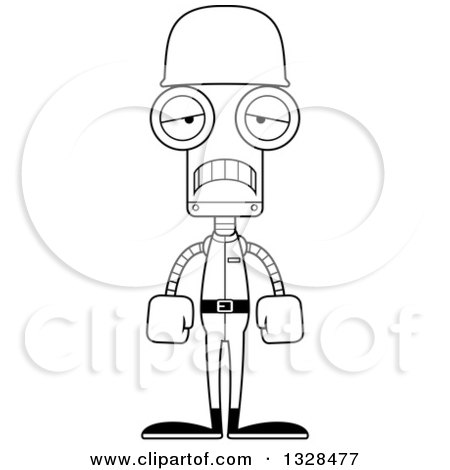 Lineart Clipart of a Cartoon Black and White Skinny Sad Soldier Robot - Royalty Free Outline Vector Illustration by Cory Thoman