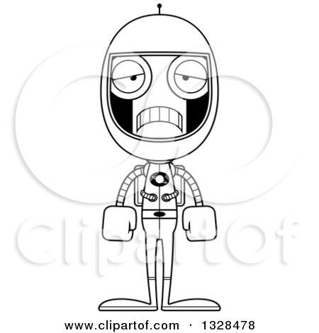 Lineart Clipart of a Cartoon Black and White Skinny Sad Astronaut Robot - Royalty Free Outline Vector Illustration by Cory Thoman