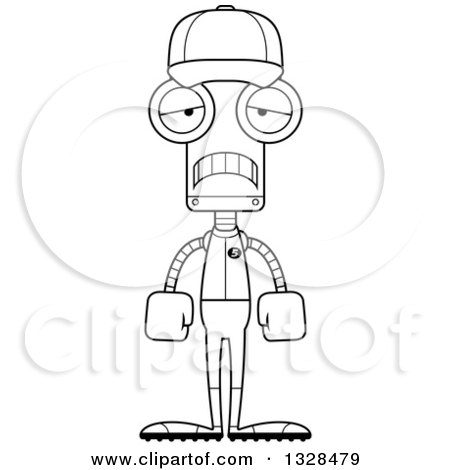Lineart Clipart of a Cartoon Black and White Skinny Sad Baseball Robot - Royalty Free Outline Vector Illustration by Cory Thoman
