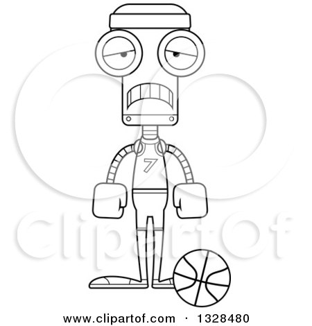 Lineart Clipart of a Cartoon Black and White Skinny Sad Robot Basketball Player - Royalty Free Outline Vector Illustration by Cory Thoman