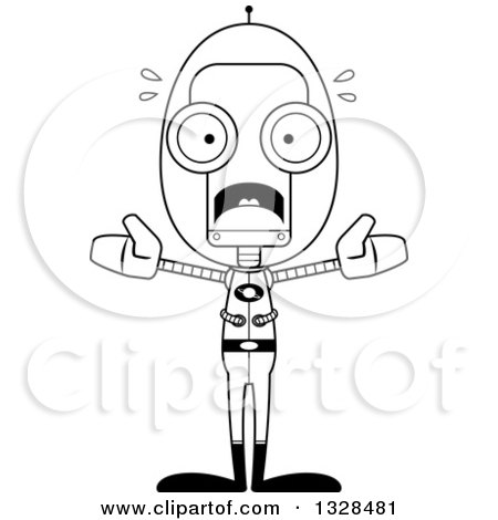 Lineart Clipart of a Cartoon Black and White Skinny Scared Futuristic Space Robot - Royalty Free Outline Vector Illustration by Cory Thoman