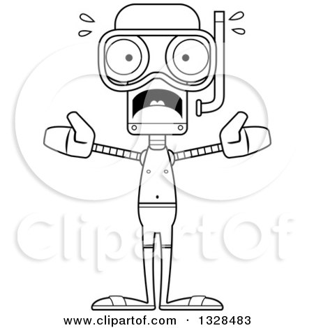 Lineart Clipart of a Cartoon Black and White Skinny Scared Robot in Snorkel Gear - Royalty Free Outline Vector Illustration by Cory Thoman