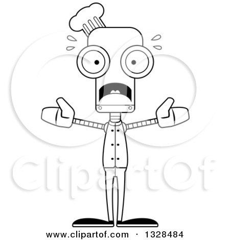 Lineart Clipart of a Cartoon Black and White Skinny Scared Chef Robot - Royalty Free Outline Vector Illustration by Cory Thoman