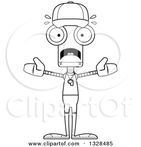 Lineart Clipart of a Cartoon Black and White Skinny Scared Robot Sports Coach - Royalty Free Outline Vector Illustration by Cory Thoman