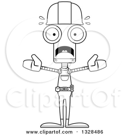 Lineart Clipart of a Cartoon Black and White Skinny Scared Robot Construction Worker - Royalty Free Outline Vector Illustration by Cory Thoman