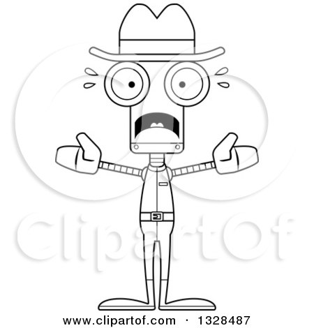 Lineart Clipart of a Cartoon Black and White Skinny Scared Robot Cowboy - Royalty Free Outline Vector Illustration by Cory Thoman