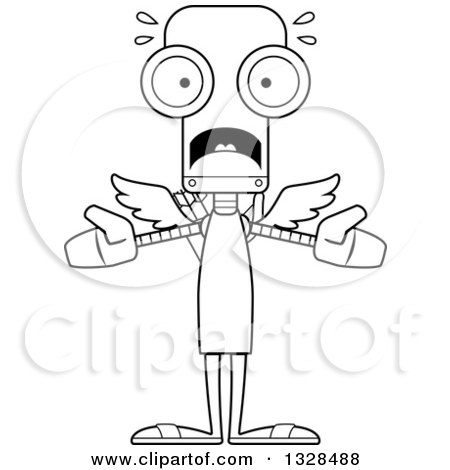 Lineart Clipart of a Cartoon Black and White Skinny Scared Robot Cupid - Royalty Free Outline Vector Illustration by Cory Thoman