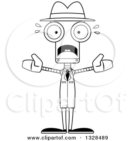 Lineart Clipart of a Cartoon Black and White Skinny Scared Robot Detective - Royalty Free Outline Vector Illustration by Cory Thoman