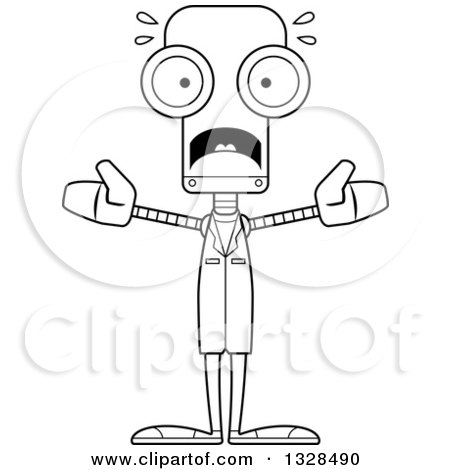 Lineart Clipart of a Cartoon Black and White Skinny Scared Robot Doctor - Royalty Free Outline Vector Illustration by Cory Thoman