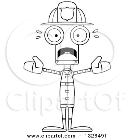 Lineart Clipart of a Cartoon Black and White Skinny Scared Robot Firefighter - Royalty Free Outline Vector Illustration by Cory Thoman