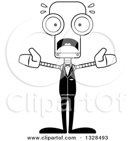 Lineart Clipart of a Cartoon Black and White Skinny Scared Robot Groom - Royalty Free Outline Vector Illustration by Cory Thoman