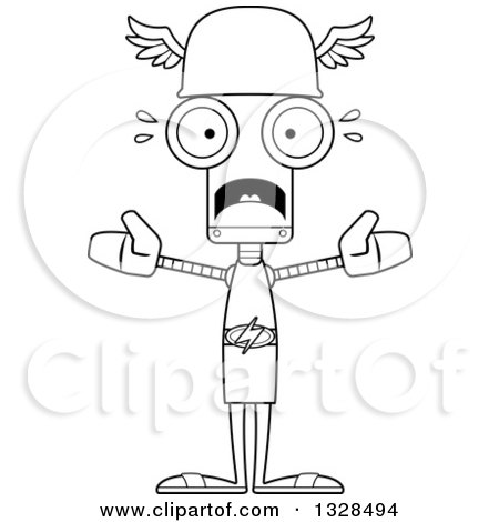 Lineart Clipart of a Cartoon Black and White Skinny Scared Robot Hermes - Royalty Free Outline Vector Illustration by Cory Thoman