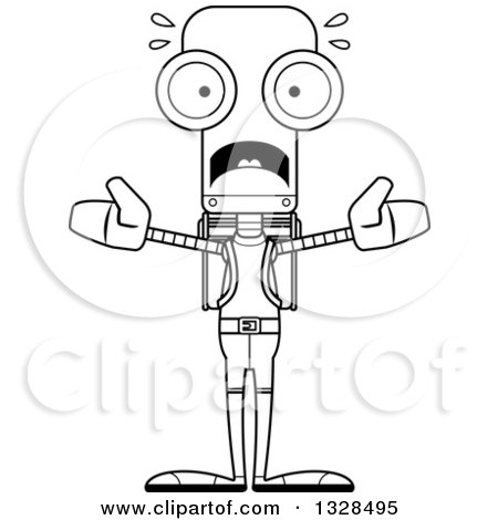 Lineart Clipart of a Cartoon Black and White Skinny Scared Robot Hiker - Royalty Free Outline Vector Illustration by Cory Thoman