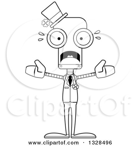 Lineart Clipart of a Cartoon Black and White Skinny Scared St Patricks Day Robot - Royalty Free Outline Vector Illustration by Cory Thoman