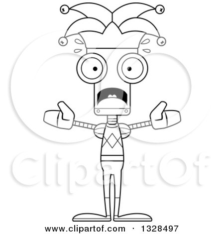 Lineart Clipart of a Cartoon Black and White Skinny Scared Robot Jester - Royalty Free Outline Vector Illustration by Cory Thoman