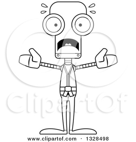 Lineart Clipart of a Cartoon Black and White Skinny Scared Karate Robot - Royalty Free Outline Vector Illustration by Cory Thoman