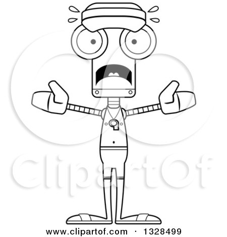 Lineart Clipart of a Cartoon Black and White Skinny Scared Robot Lifeguard - Royalty Free Outline Vector Illustration by Cory Thoman