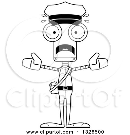 Lineart Clipart of a Cartoon Black and White Skinny Scared Robot Mailman - Royalty Free Outline Vector Illustration by Cory Thoman