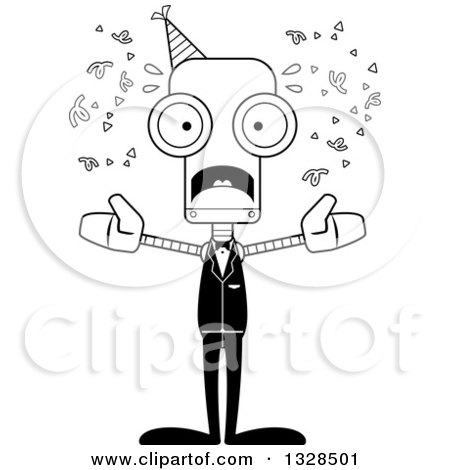 Lineart Clipart of a Cartoon Black and White Skinny Scared Party Robot - Royalty Free Outline Vector Illustration by Cory Thoman