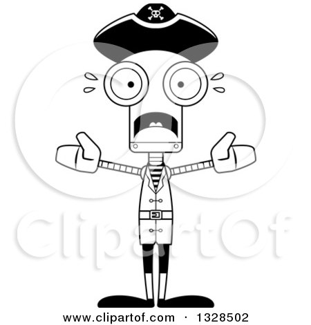 Lineart Clipart of a Cartoon Black and White Skinny Scared Pirate Robot - Royalty Free Outline Vector Illustration by Cory Thoman