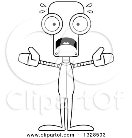 Lineart Clipart of a Cartoon Black and White Skinny Scared Robot in Pjs - Royalty Free Outline Vector Illustration by Cory Thoman