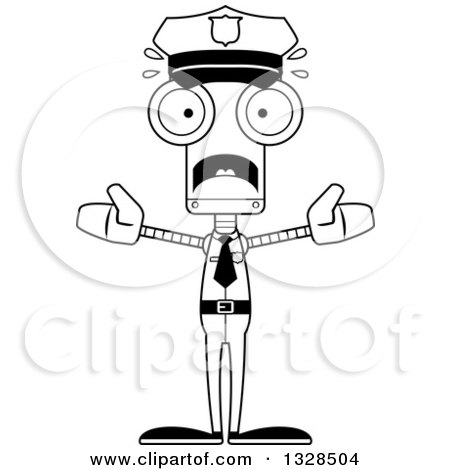 Lineart Clipart of a Cartoon Black and White Skinny Scared Robot Police Officer - Royalty Free Outline Vector Illustration by Cory Thoman