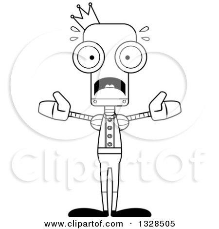 Lineart Clipart of a Cartoon Black and White Skinny Scared Robot Prince - Royalty Free Outline Vector Illustration by Cory Thoman