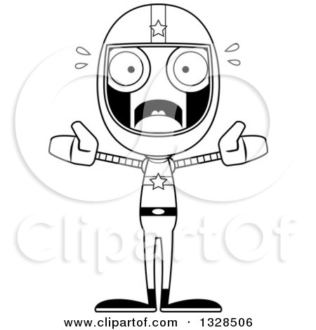 Lineart Clipart of a Cartoon Black and White Skinny Scared Robot Race Car Driver - Royalty Free Outline Vector Illustration by Cory Thoman