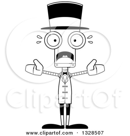 Lineart Clipart of a Cartoon Black and White Skinny Scared Robot Circus Ringmaster - Royalty Free Outline Vector Illustration by Cory Thoman